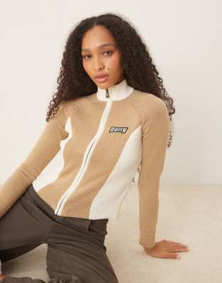 Roxy - Chloe Kim - Pulloverjacke in Travertine mit Stehkragen, Reißverschluss und Colourblock-Design-Brown