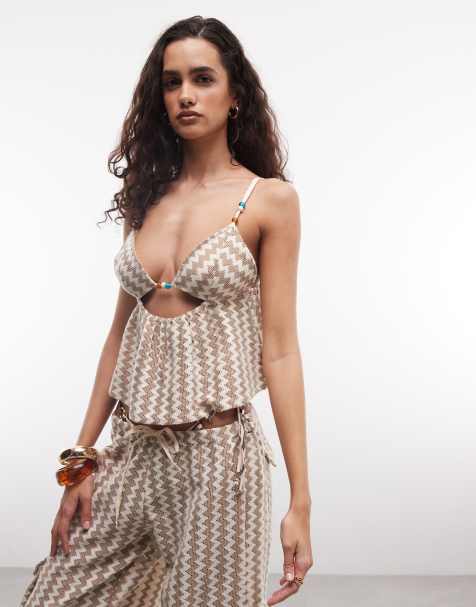 Roxy - Crop top de plage à rayures zigzag et perles - Beige - view 1