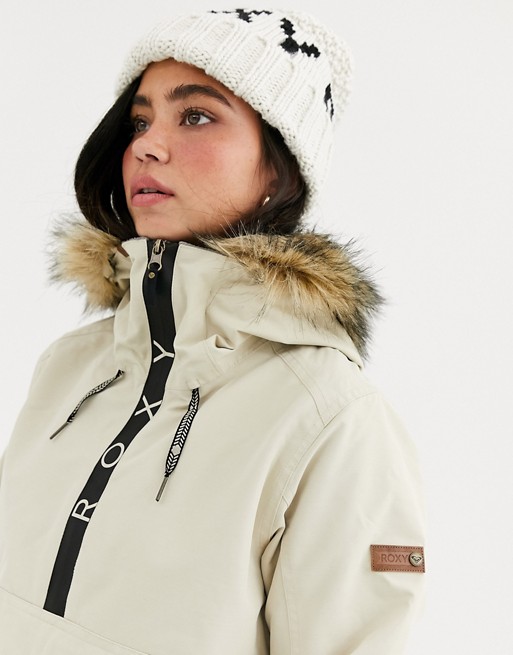 Roxy Shelter Ski Jacket With Faux Fur Hood In Cream