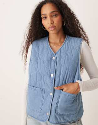 Roxy Simply Lucky Reversible Waistcoat Sherpa Lined Denim Jacket In Blue