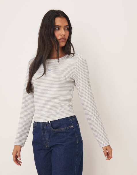 Roxy Spellbound stripes long sleeve extra textured rib top in egret spellbound - view 1