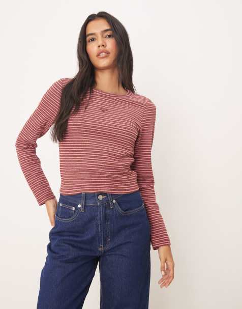 Roxy Spellbound stripes long sleeve extra textured rib top in tiramisu spellbound stripe - view 1