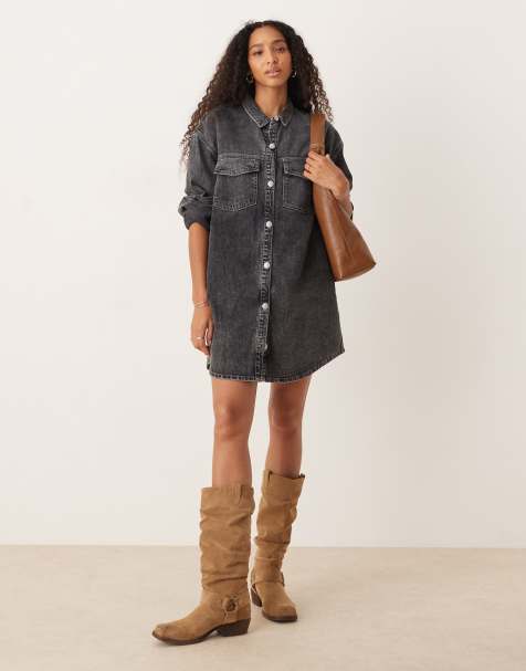 Roxy Tidal moon denim long sleeve mini shirtdress in mid grey - view 1