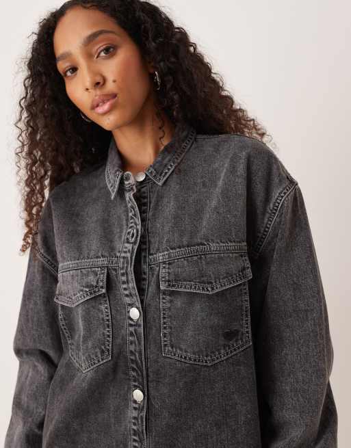 Roxy Tidal moon denim long sleeve mini shirtdress in mid grey | ASOS