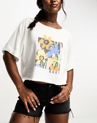 Roxy Tiki & Surf oversized crop t shirt in white