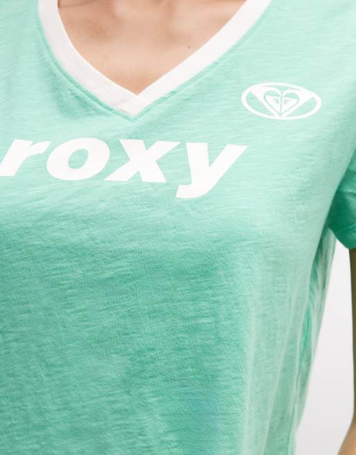 Roxy v-neck crop beach t-shirt in light green, 3 of 4