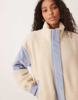 Roxy Wrap It Up Cord Sherpa Oversized Jacket With Corduroy Block In Neutral