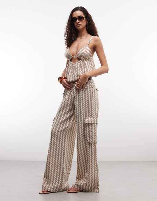 Roxy zigzag stripe beach pants set in beige, 3 of 3