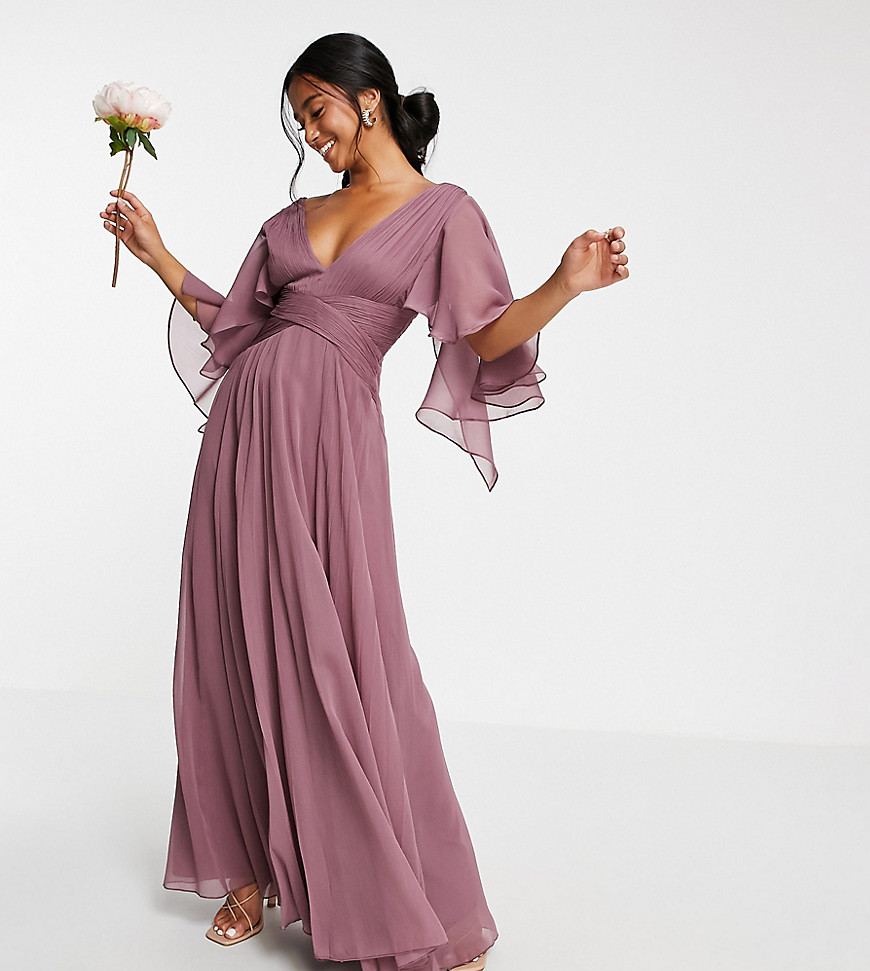 Розовато-лиловое платье макси со сборками на лифе, драпировкой, рукавами-пелеринами и запахом ASOS DESIGN Petite Bridesmaid-Фиолетовый цвет