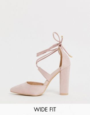 фото Розоватые туфли-лодочки для широкой стопы на блочном каблуке с завязками glamorous wide fit-розовый