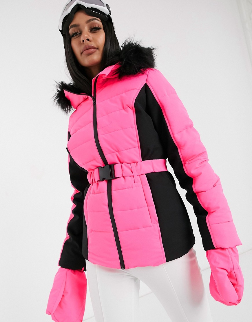 Розовая горнолыжная куртка с поясом и искусственным мехом Missguided-Розовый