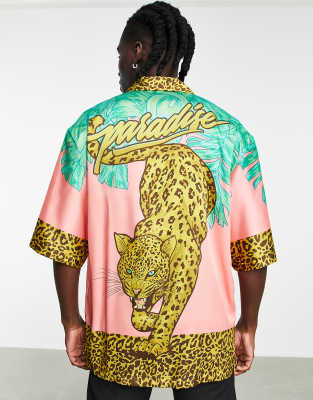 Розовая oversized-рубашка с принтом «Paradise» на спине Bershka-Розовый цвет