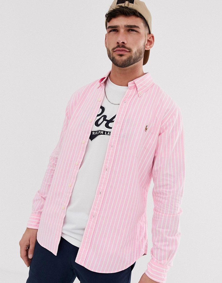 фото Розовая приталенная оксфордская рубашка в полоску на пуговицах с логотипом polo ralph lauren-розовый