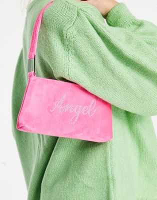 фото Розовая велюровая сумка мини на плечо с надписью стразами angel asos design-розовый цвет