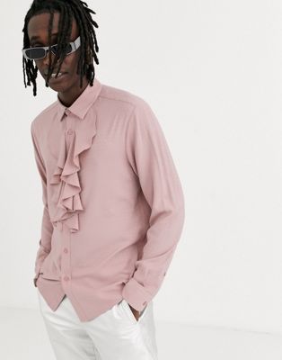 фото Розовая жаккардовая рубашка классического кроя с оборкой asos design-розовый