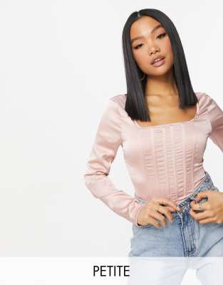 Топы-корсеты Розовое атласное боди с корсетом и длинными рукавами Missguided Petite-Розовый цвет