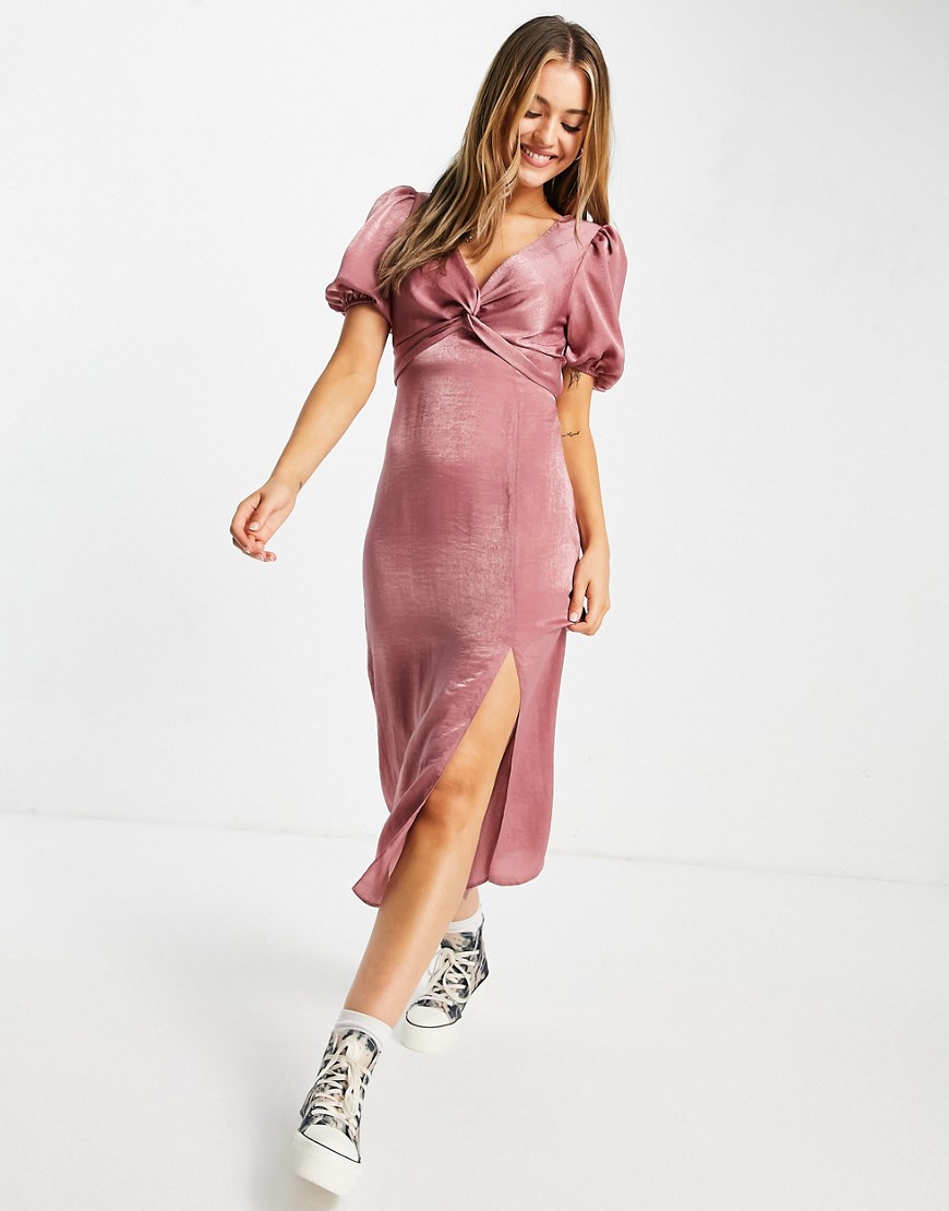 Розовое атласное платье миди с перекрученной деталью Miss Selfridge-Розовый цвет