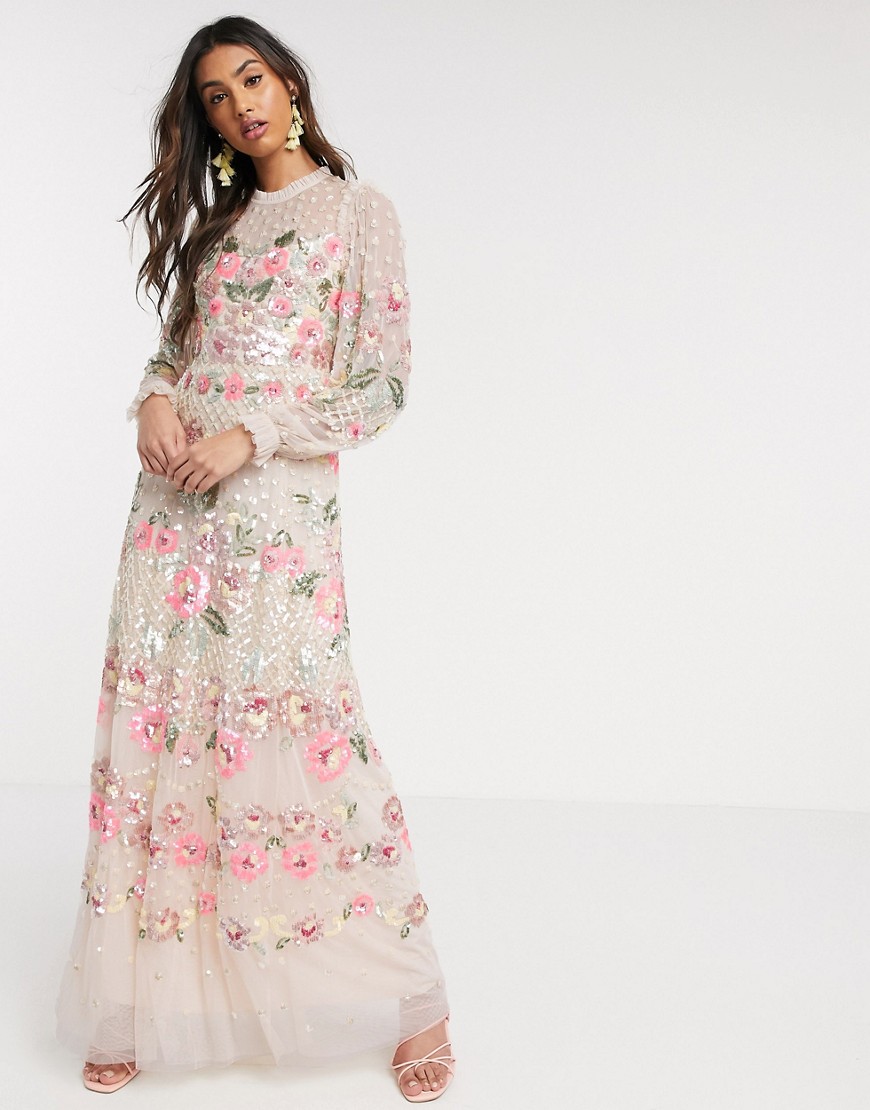 фото Розовое платье макси с цветочной аппликацией needle & thread-розовый