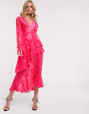 Вечерние платья  Asos Розовое платье миди с глубоким вырезом и оборками Dark Pink-Розовый цвет