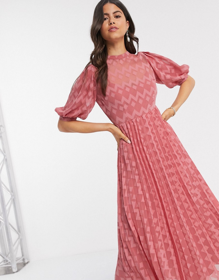 Розовое платье миди с пышными рукавами и плиссированной юбкой ASOS DESIGN-Розовый цвет