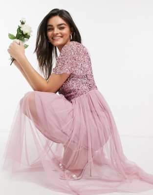 Розовое платье миди с запахом, пайетками и юбкой из тюля Maya Bridesmaid-Розовый цвет