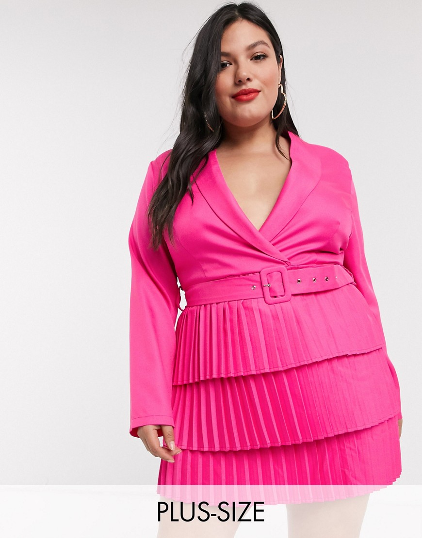 фото Розовое платье-пиджак с глубоким вырезом и плиссированной юбкой in the style plus x dani dyer-розовый
