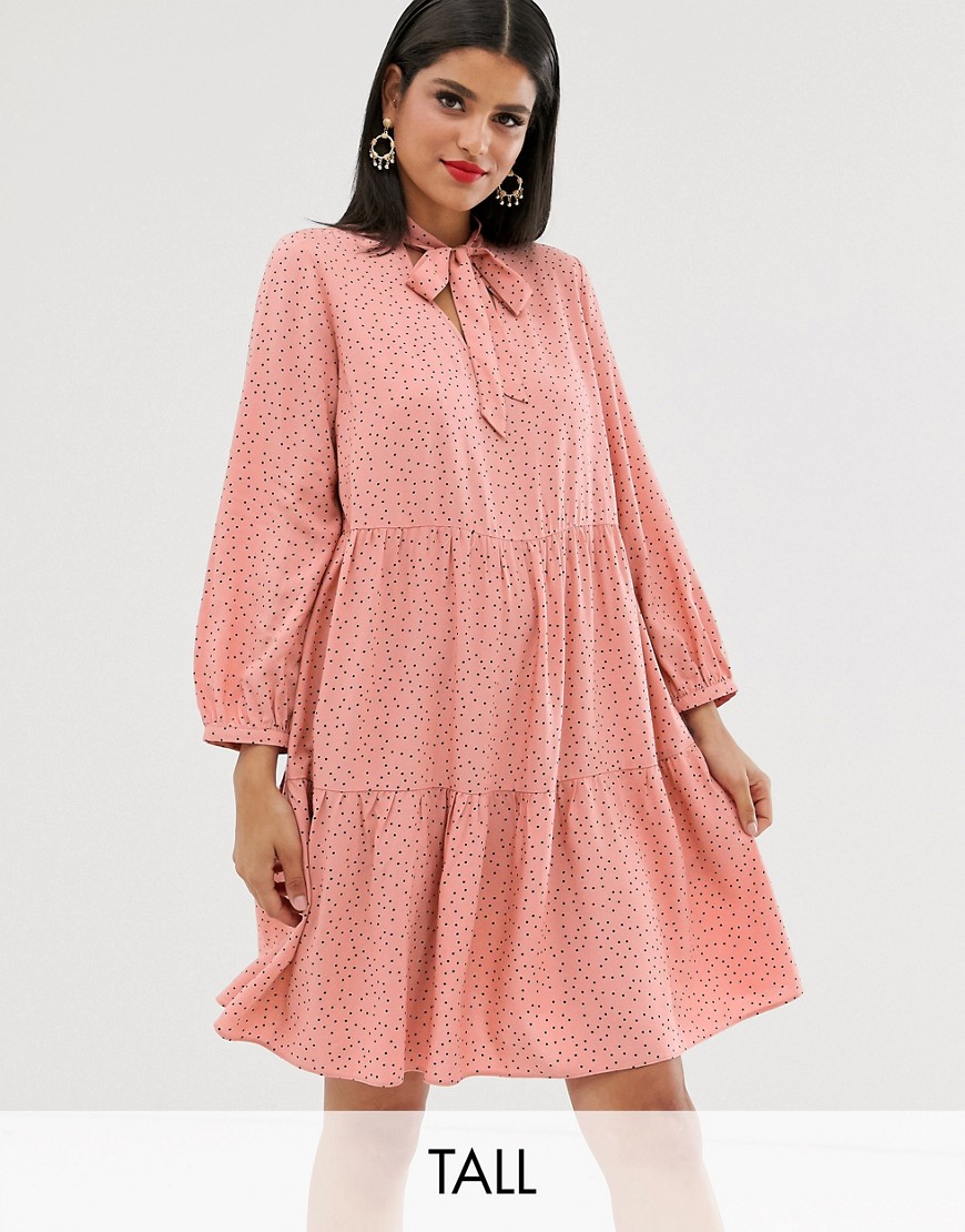 фото Розовое свободное платье в горошек с завязкой на бант new look tall-розовый