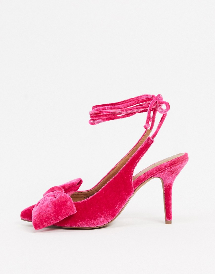 Розовые бархатные туфли на среднем каблуке с бантом и завязкой ASOS DESIGN-Розовый цвет