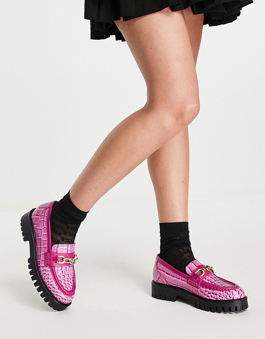 фото Розовые кожаные туфли на массивной плоской подошве с крокодиловым узором asra freya-розовый цвет