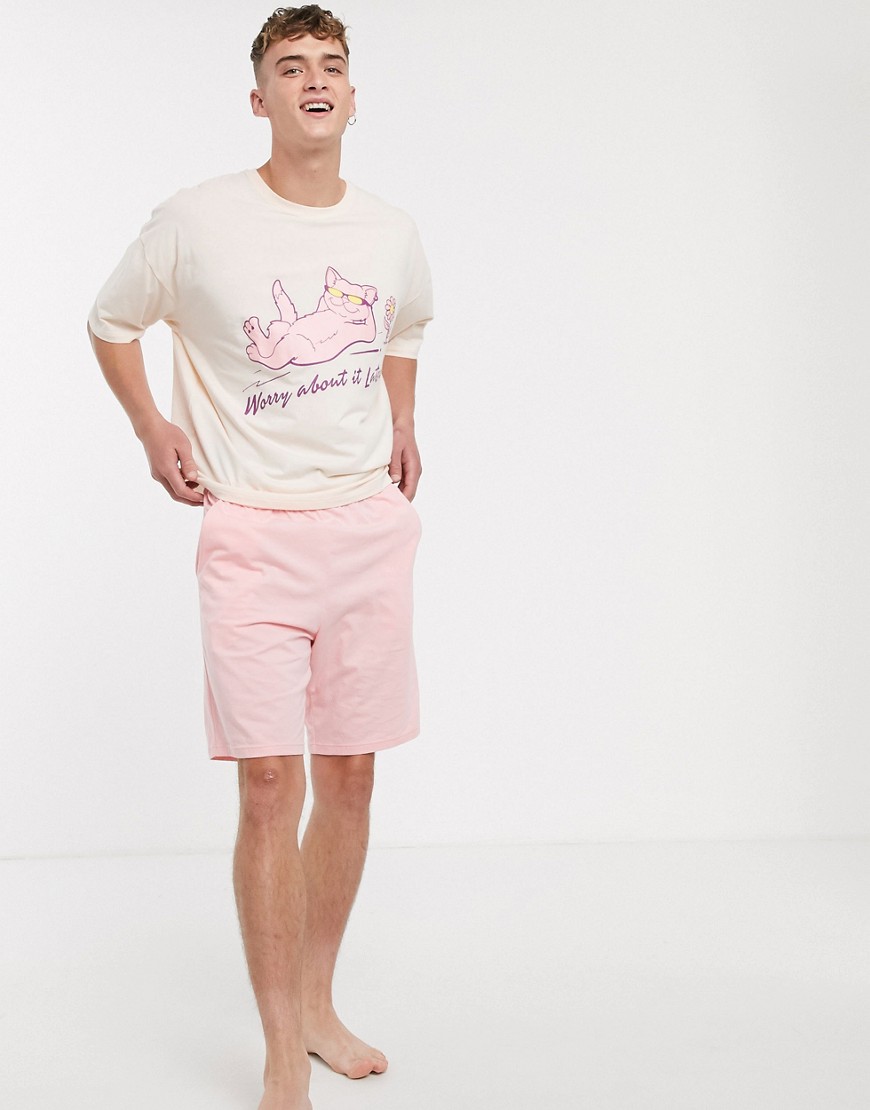 фото Розовые пижамные шорты и oversize-футболка с принтом asos design-розовый