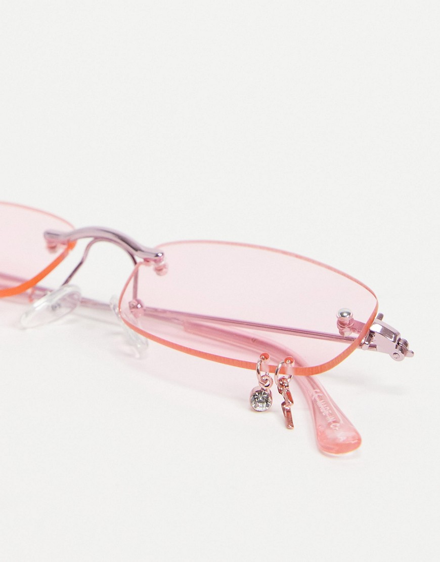 фото Розовые солнцезащитные очки в стиле 90-х без оправы с отделкой камнями bershka-розовый цвет