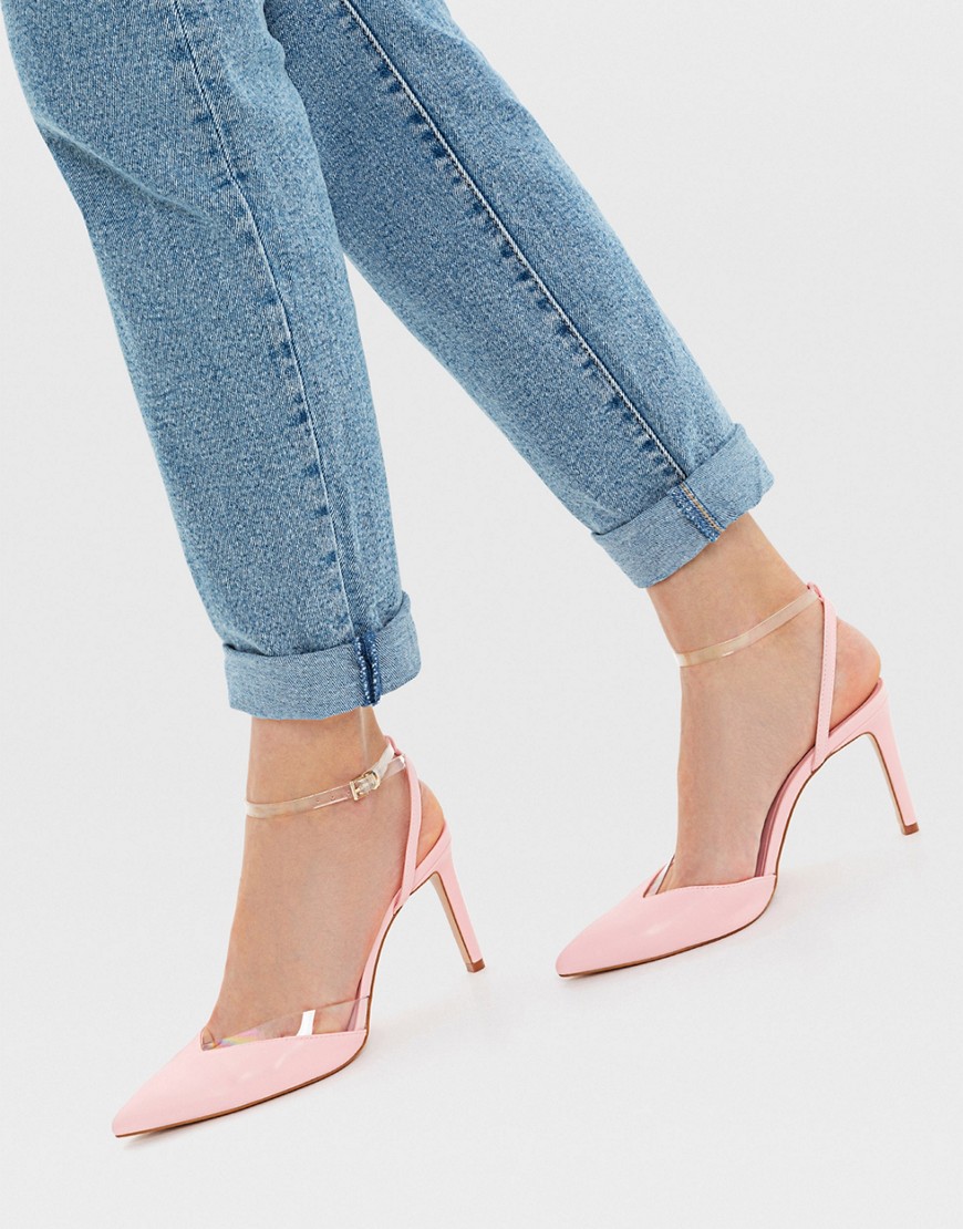 фото Розовые туфли на каблуке с острым носком и прозрачным ремешком на щиколотке stradivarius-розовый цвет
