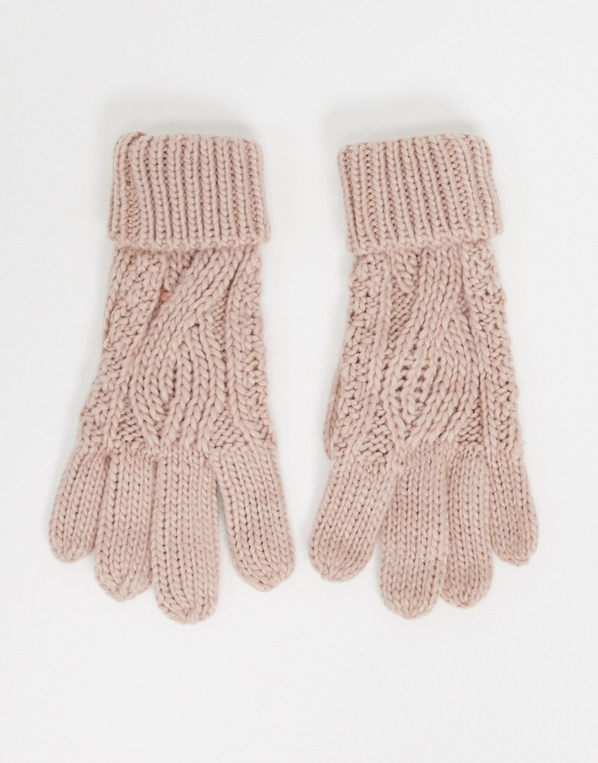 фото Розовые вязаные перчатки с отворотом и узором «косичка» boardmans-розовый