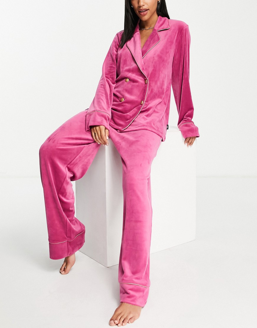 фото Розовый бархатный пижамный комплект премиум-класса из двубортного топа с отложным воротником и штанов chelsea peers-желтый