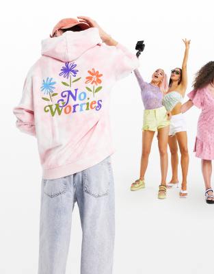 фото Розовый oversized-худи с эффектом тай-дай и принтом "no worries" на спине asos design-розовый цвет