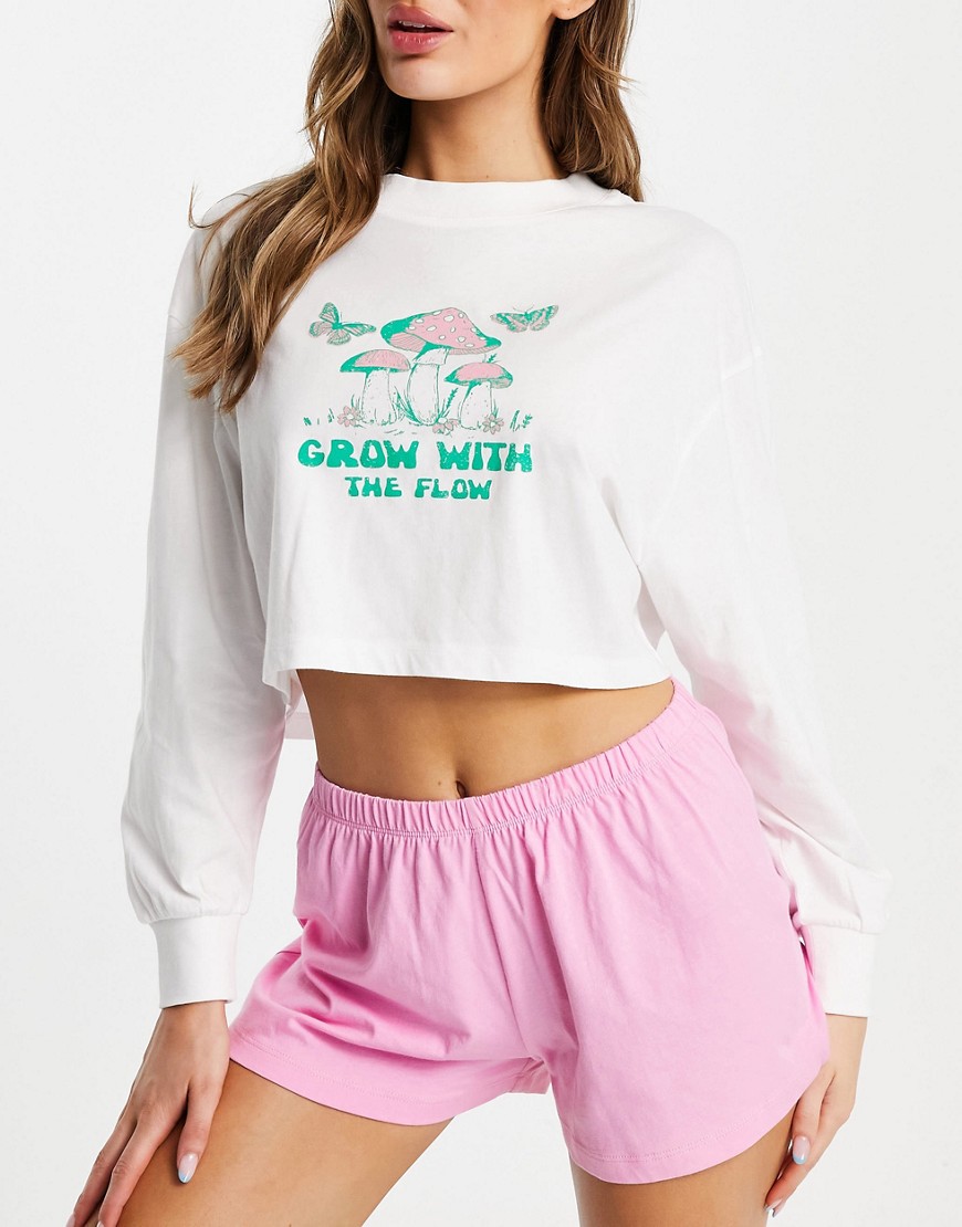 Розовый пижамный комплект из топа c принтом "Grow With The Flow" и шорт -Светло-бежевый цвет TOPSHOP 105535382