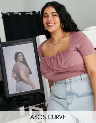  Розовый приталенный топ с драпировкой на груди ASOS DESIGN Curve-Розовый цвет