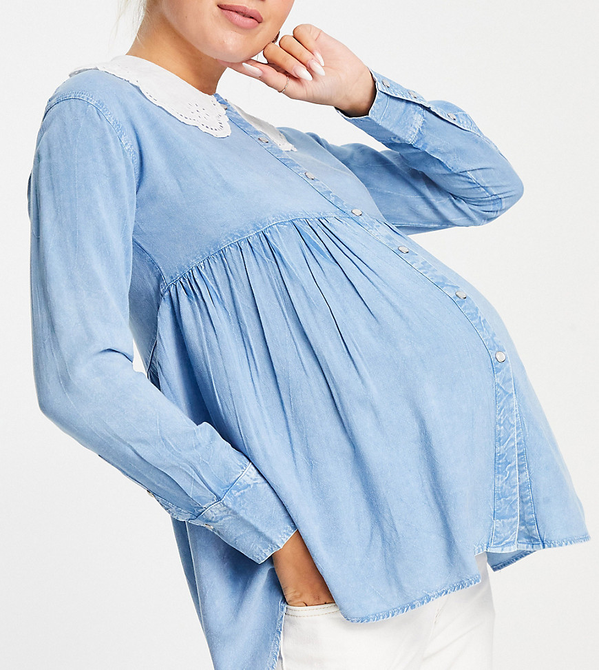 Рубашка из ткани шамбре с баской и вышивкой на воротнике Violet Romance Maternity-Голубой