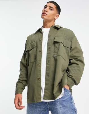 Повседневные рубашки Рубашка навыпуск цвета хаки в стиле oversized Topman-Зеленый цвет