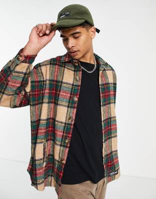 Рубашки в клетку  Asos Рубашка навыпуск в клетку бежевого цвета Sixth June-Светло-бежевый цвет