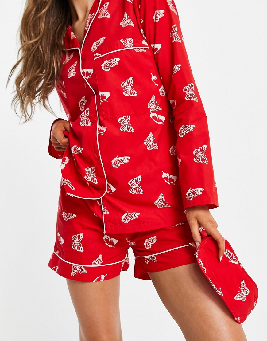 фото Рубашка с длинными рукавами, шорты и маска для сна с принтом бабочек daisy street-красный