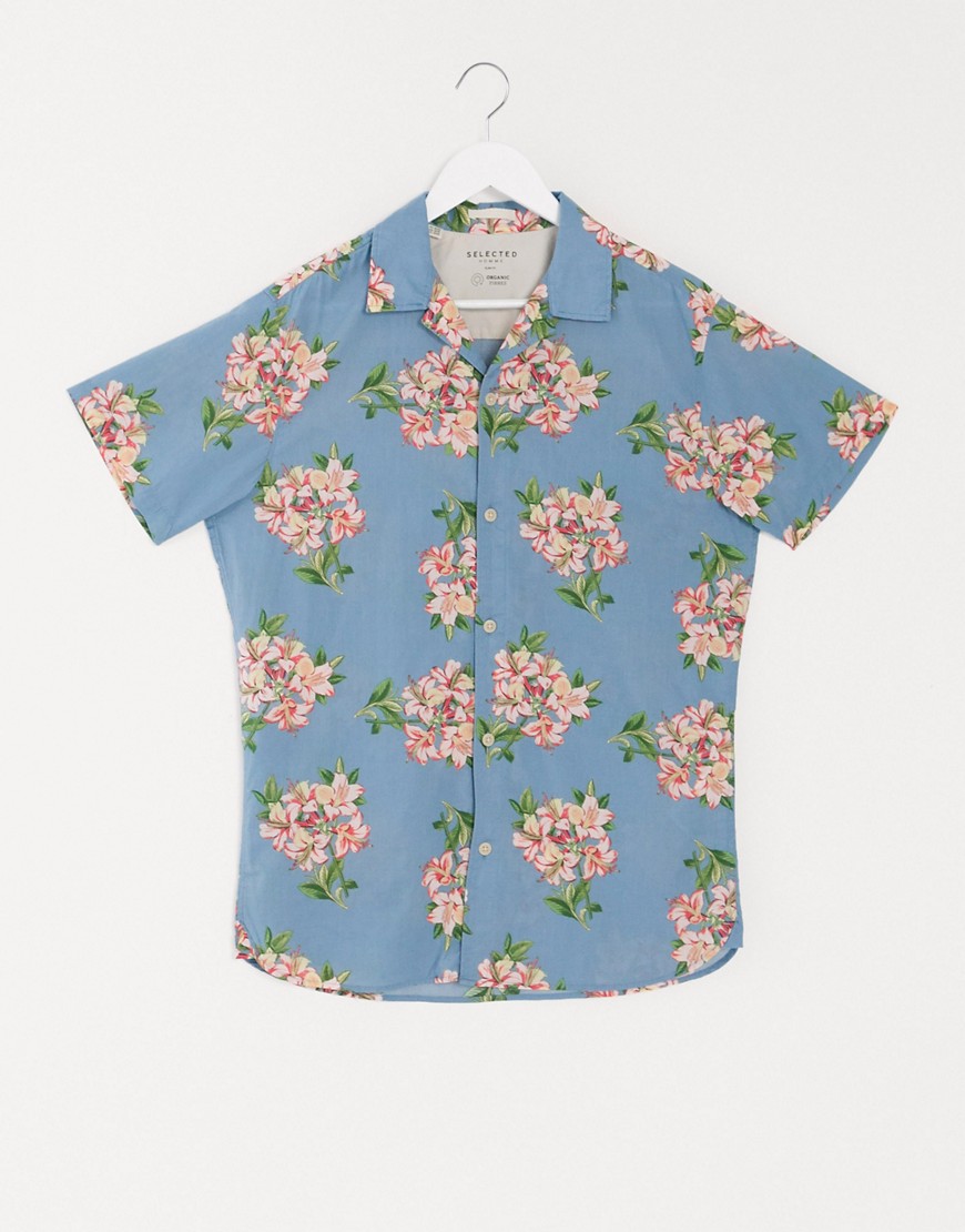 фото Рубашка с отложным воротником и цветочным принтом selected homme-синий