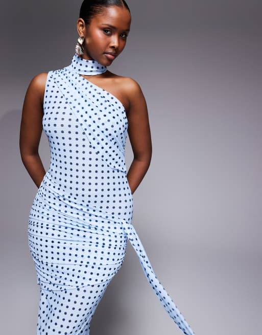 Ruched & Ready - Blød blå oneshoulder-maxikjole med halterneck, tørklædedetalje, rynket talje og polkaprikker, 3 af 4
