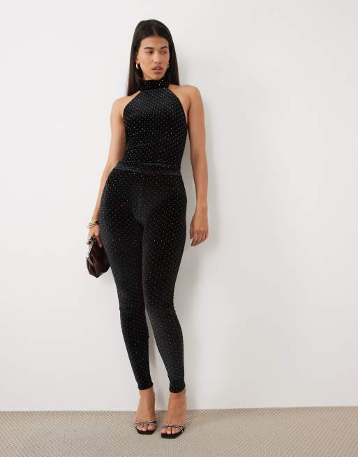 Ruched & Ready Body mit hohem Kragen, Racerback, Neckholder, Samt und Hotfix in Schwarz, 3 von 4
