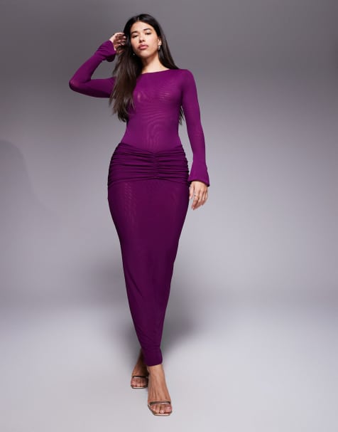 Ruched & Ready - Bodycon maxi-rok met mesh met gerimpeld gedrapeerd detail in paars, deel van co-ord set - view 1