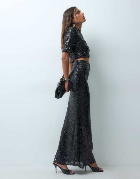 Ruched & Ready boxy short sleeve sequin crop top and skirt co-ord in black - view 1