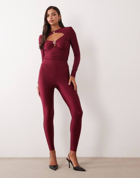 Ruched & Ready - conjunto de leggings moldeadores de talle alto y acabado brillante en burdeos - view 1