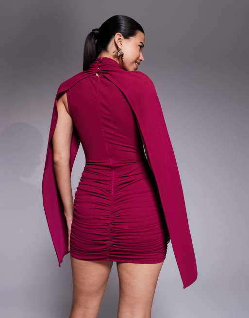 Ruched & Ready crossover high neck open cape sleeve mini dress in cerise
