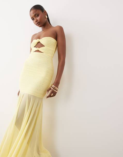Ruched & Ready – Cytrynowa modelująca sukienka maxi z siateczki z dekoltem bandeau, wycięciami i ozdobnymi węzełkami - view 1