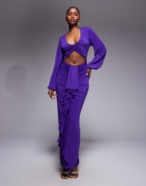 Ruched & Ready Entered The Chat balloon sleeve cut out detail drape waist maxi dress in purple